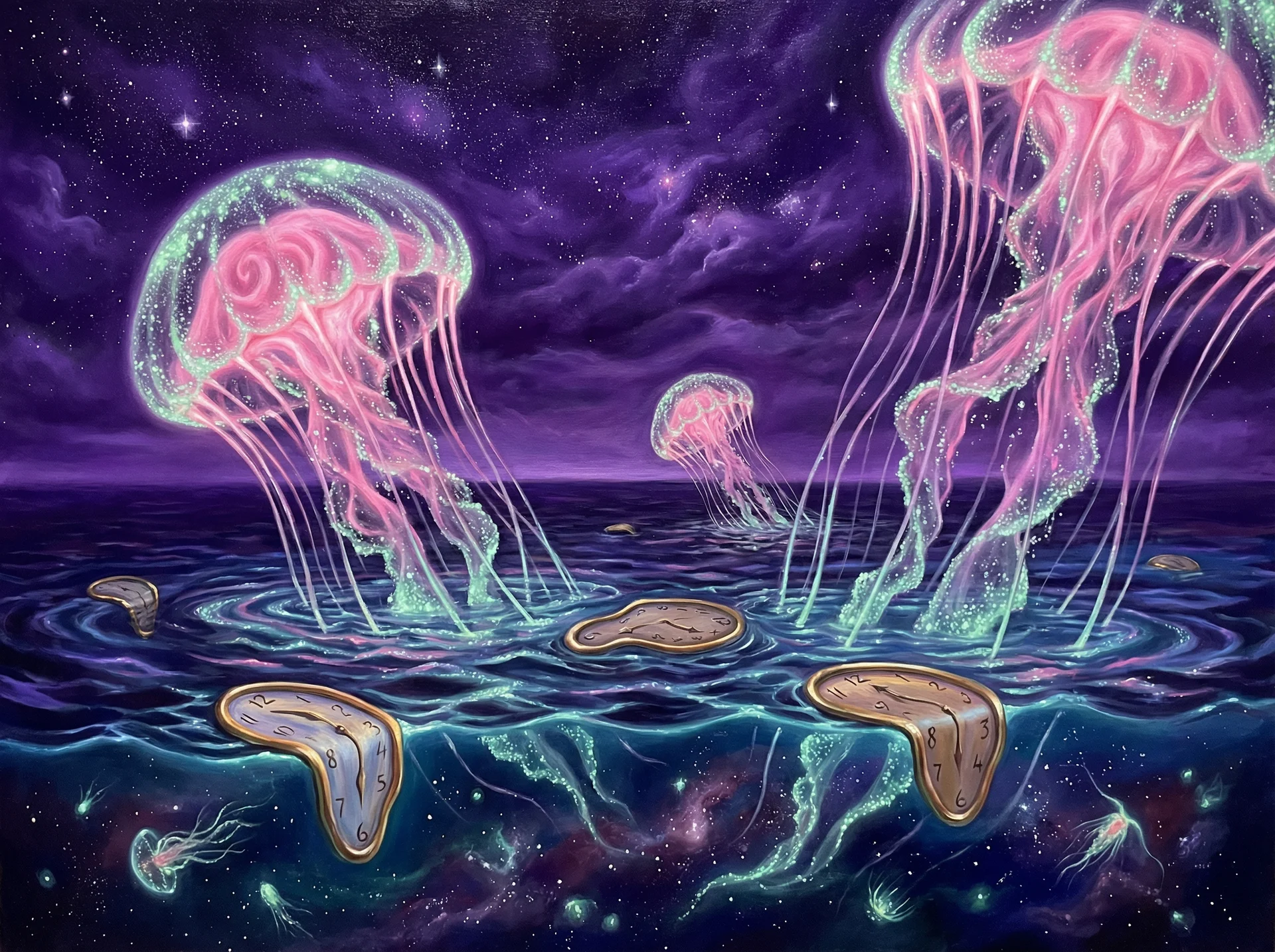 超现实梦境画作 - 深海水母与融化时钟，关联 大发快三 幸运号码