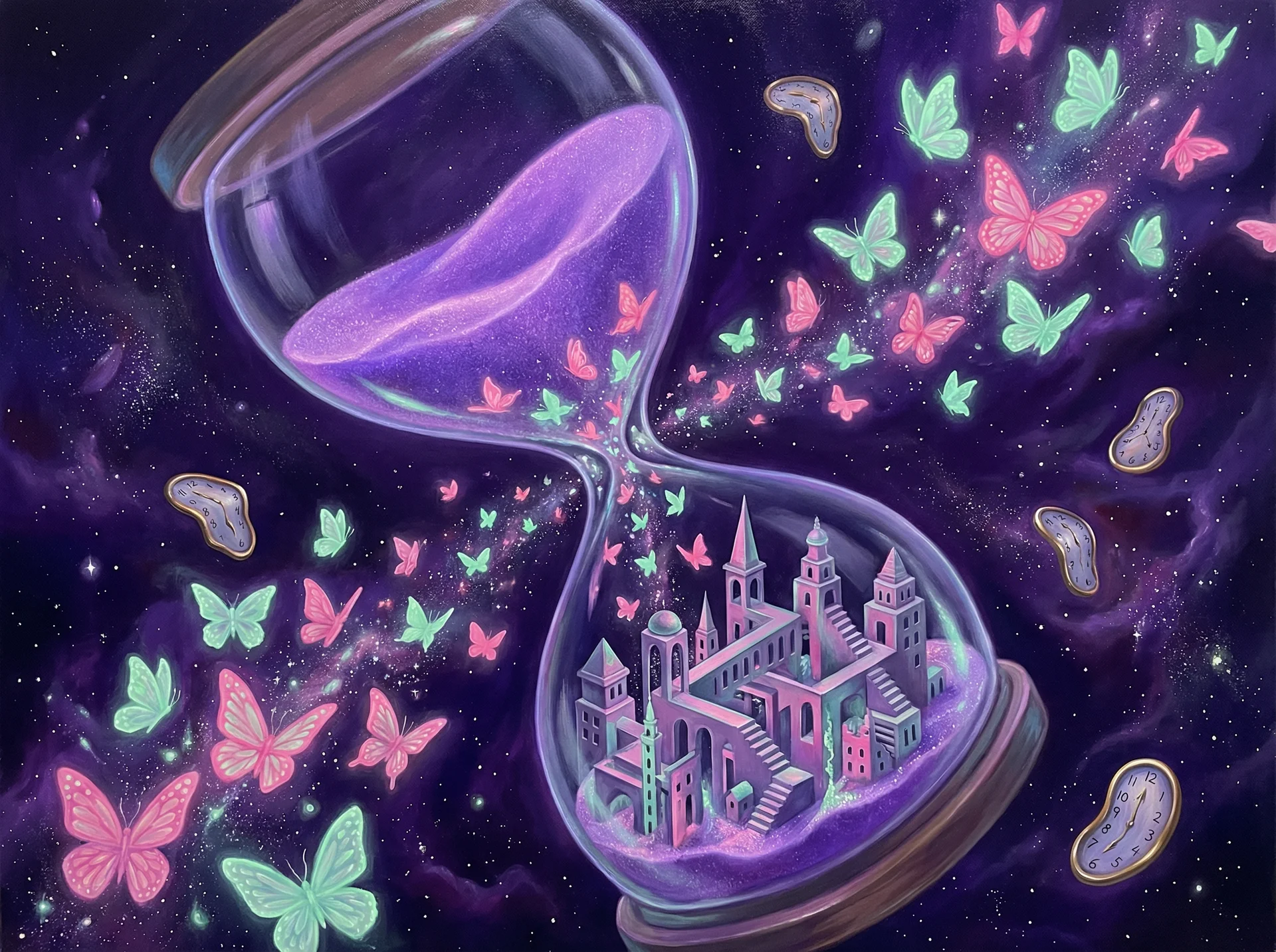 超现实梦境画作 - 时间沙漏与蝴蝶变幻，关联 大发快三 幸运号码