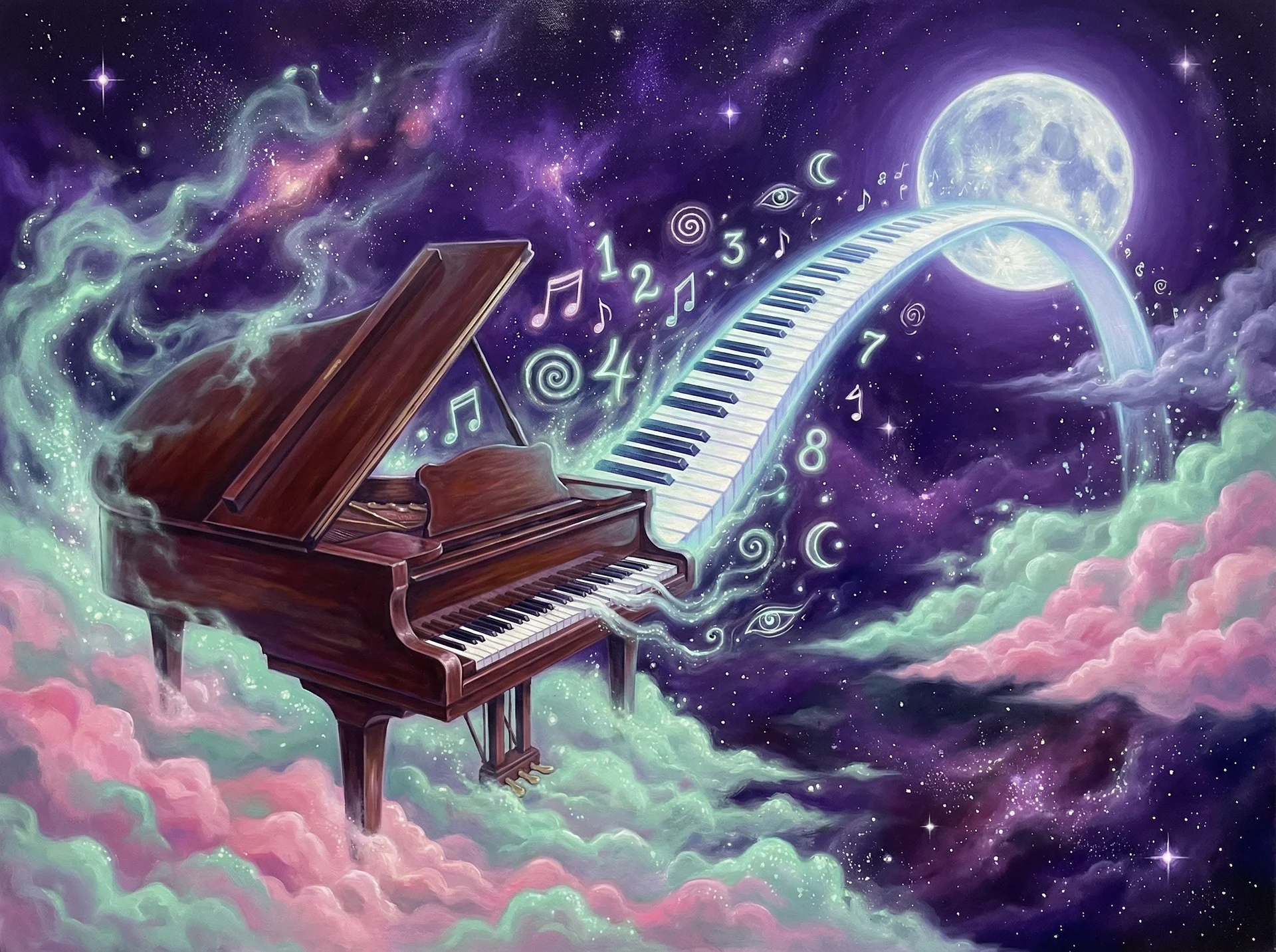 超现实梦境画作 - 宇宙钢琴与月光之桥，关联 大发快三 幸运号码